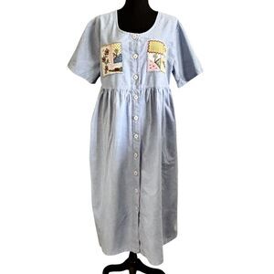 Vtg CABERNET Patio Dress Blue Cotton Embroidered Button Up With Pockets
